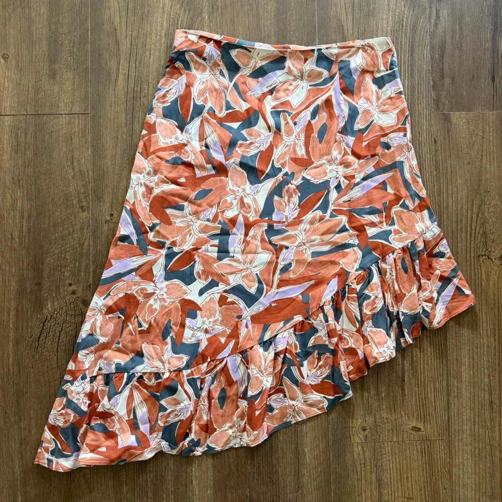 Nine West Asymmetrical Midi Skirt Womens Medium Terracotta Floral Ruffle Hem NEW